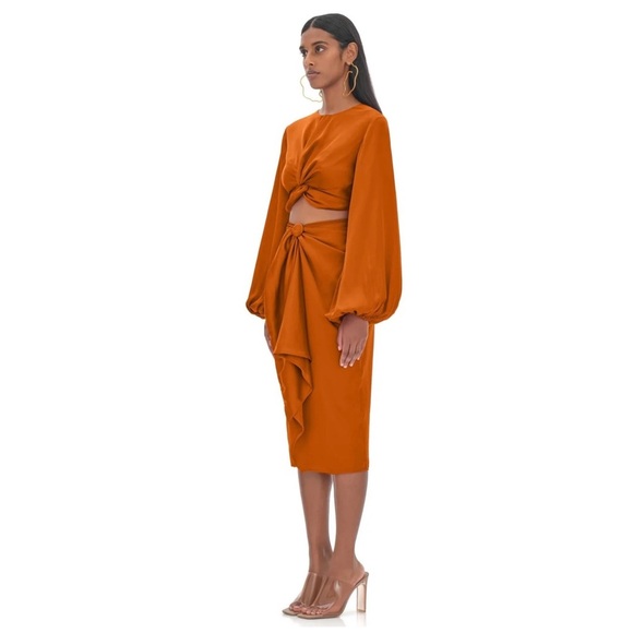 Andrea Iyamah | Bubble Sleeve Front Twist Satin Behati Rust Cropped Top | XS - Picture 6 of 15